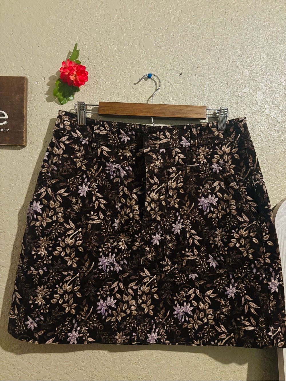 LOFT Dark Brown Mini Skirt with Lavender and Cream Floral Embroidery